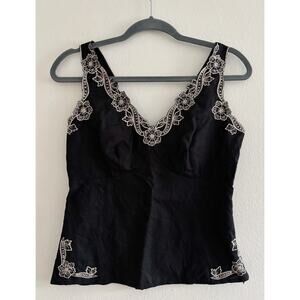 Vintage Linea Black Linen Embroidered Sleeveless Y2K Blouse Size 10